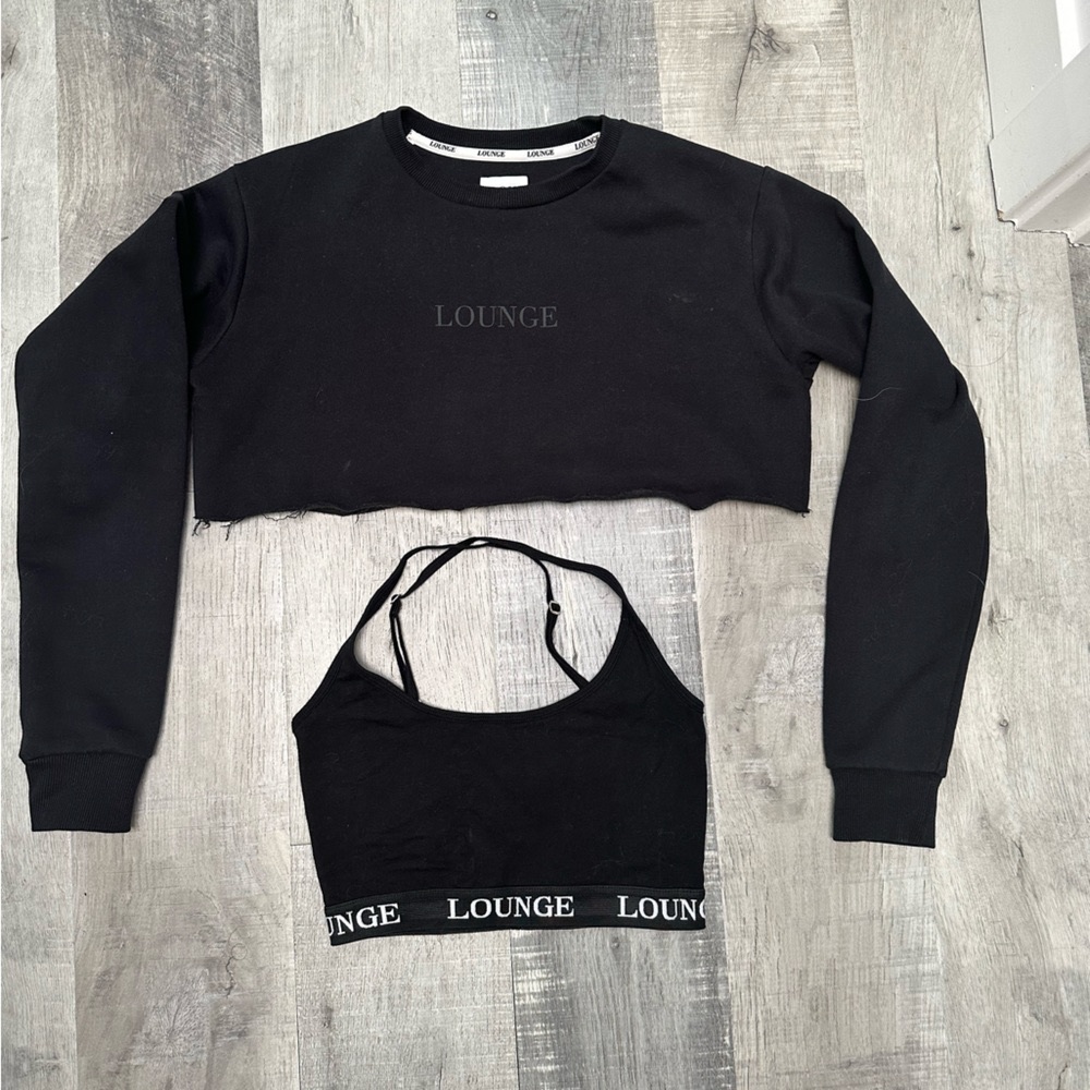 Lounge Apparel, Black Two Piece Bralette & Cropped Jumper, Size Small.